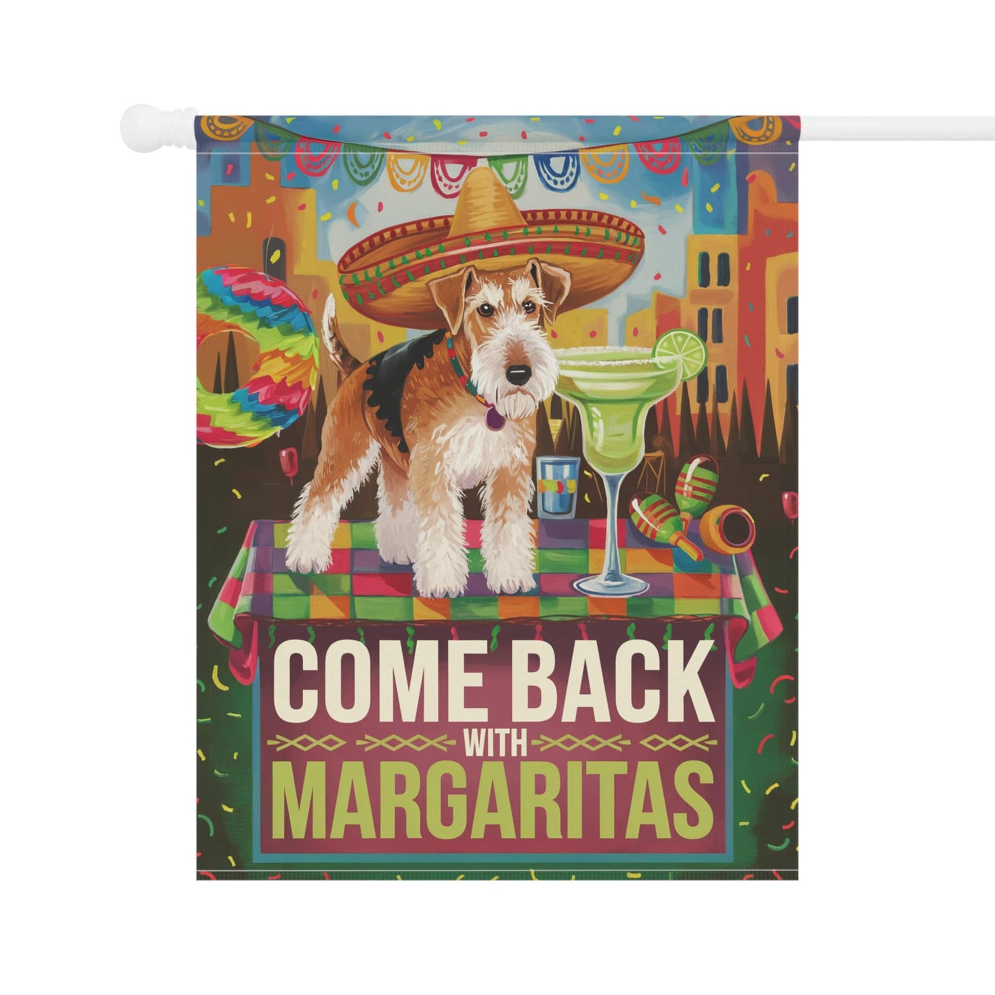 Printify Home Decor Airedale Dog Garden Flag, Cinco de Mayo Celebration Fiesta Margarita Mayhem Front Yard Spring Decor Gardener Gift, Dog Mom Dad, Fiesta Flag