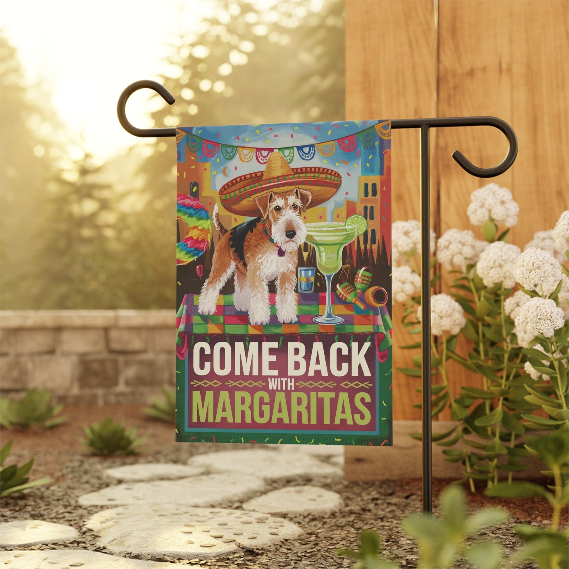 Printify Home Decor Airedale Dog Garden Flag, Cinco de Mayo Celebration Fiesta Margarita Mayhem Front Yard Spring Decor Gardener Gift, Dog Mom Dad, Fiesta Flag
