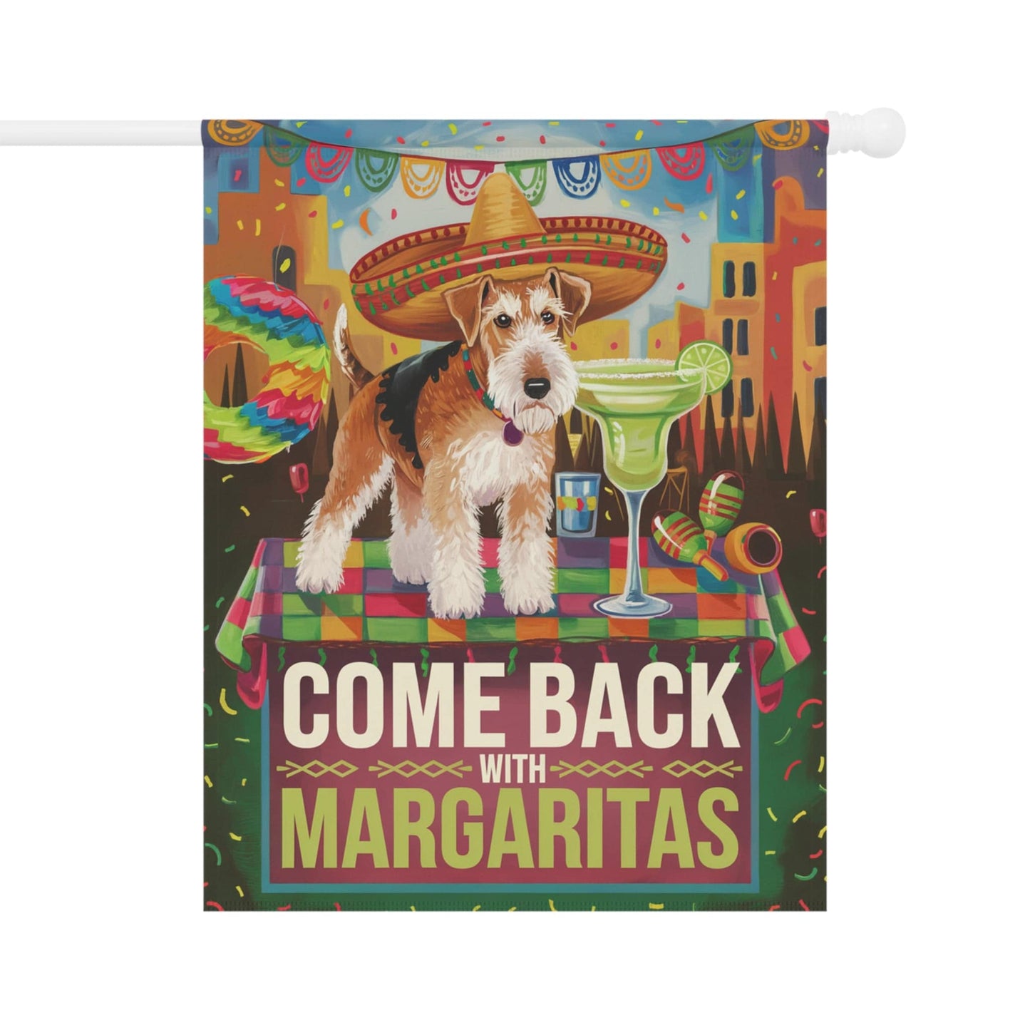 Printify Home Decor 24.5'' × 32'' Airedale Dog Garden Flag, Cinco de Mayo Celebration Fiesta Margarita Mayhem Front Yard Spring Decor Gardener Gift, Dog Mom Dad, Fiesta Flag
