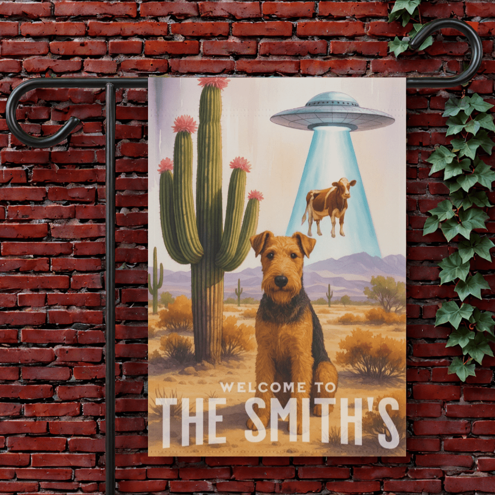 Printify Garden Flag 12'' × 18'' Airedale Terrier Aliens Garden Flag