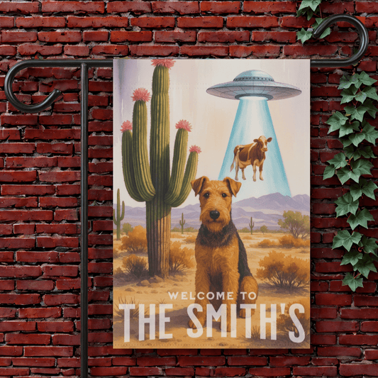 Printify Garden Flag 12'' × 18'' Airedale Terrier Aliens Garden Flag