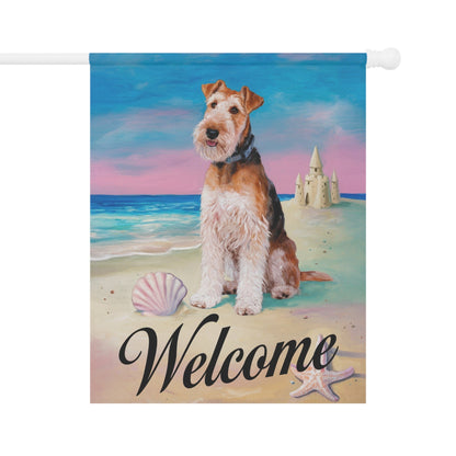Printify Home Decor 24.5'' × 32'' Airedale Terrier Beach Yard Decor, Nautical Dog Gift, Housewarming Banner, Dog Mom Dad, Pile of Leaves, Garden Decoration, New Home Gift