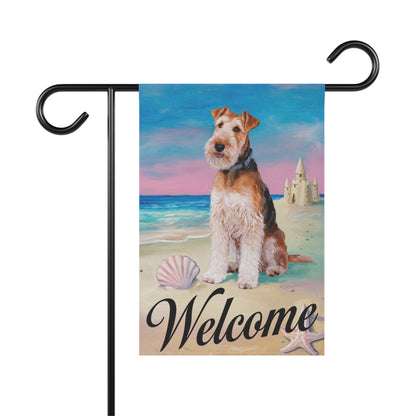 Printify Home Decor 12'' × 18'' Airedale Terrier Beach Yard Decor, Nautical Dog Gift, Housewarming Banner, Dog Mom Dad, Pile of Leaves, Garden Decoration, New Home Gift
