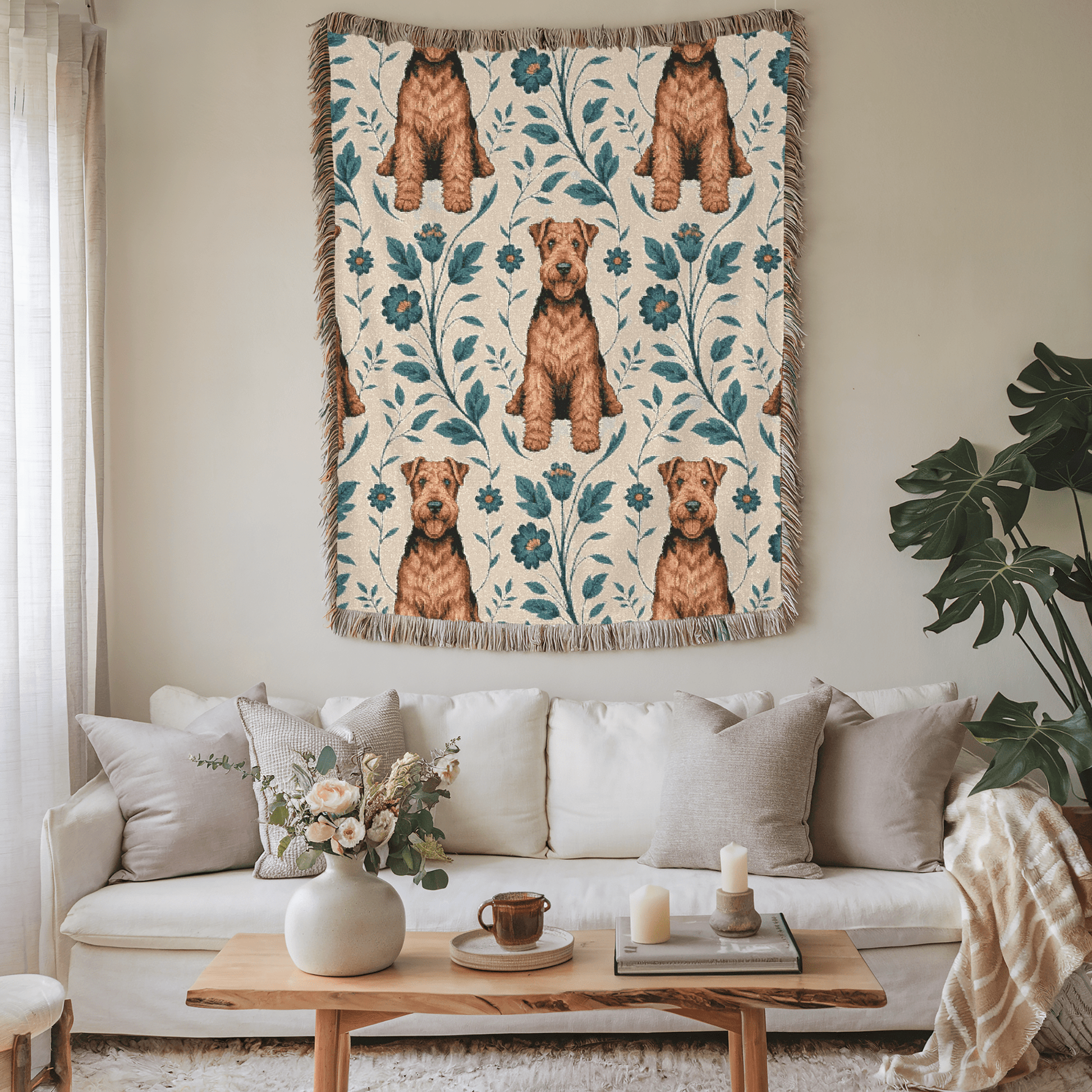 Printify Blanket Airedale Terrier Blue Floral Throw Blanket