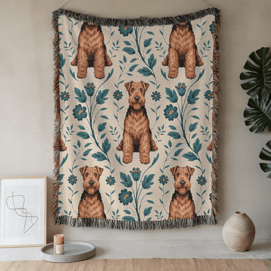 Printify Blanket 52'' × 37'' Airedale Terrier Blue Floral Throw Blanket