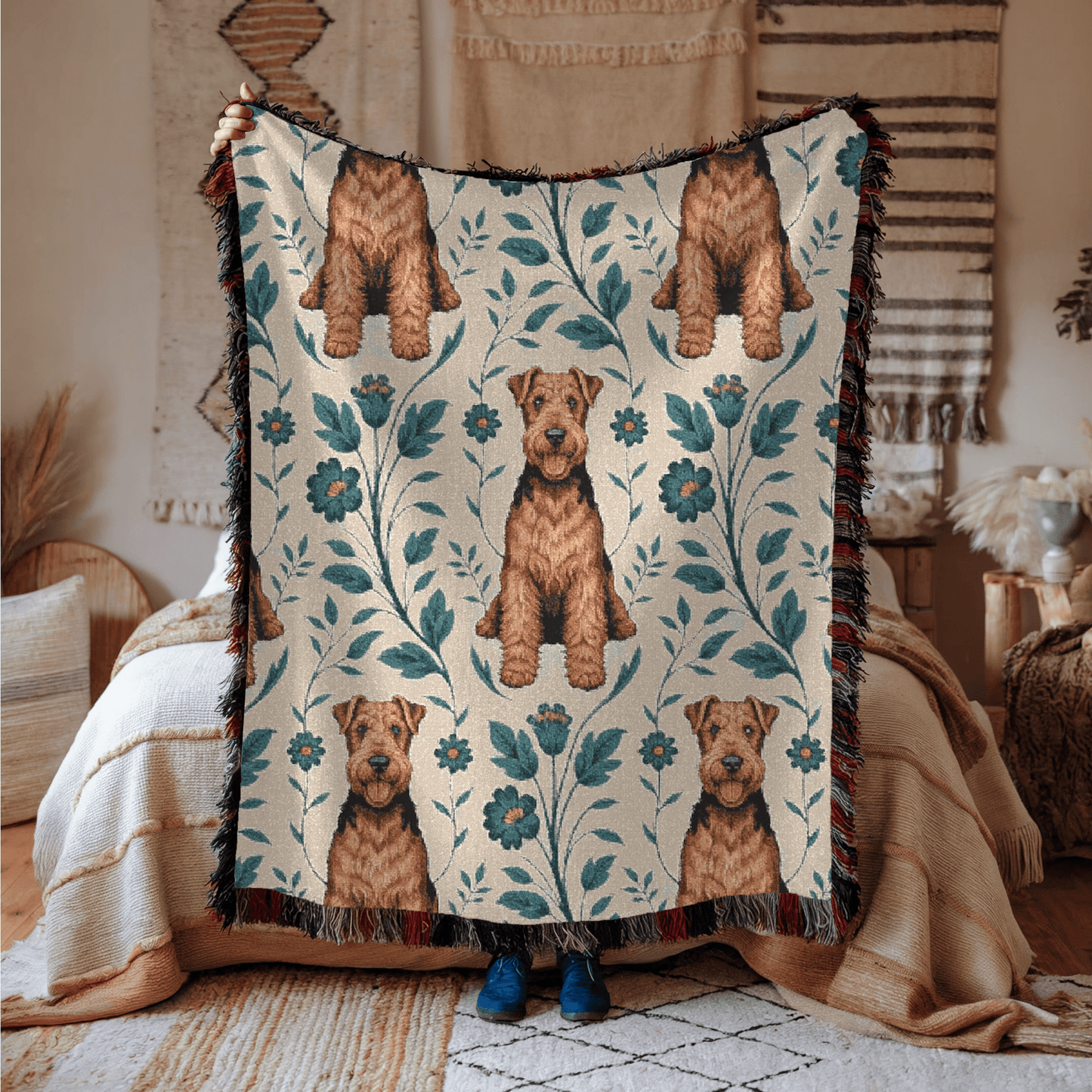 Printify Blanket Airedale Terrier Blue Floral Throw Blanket