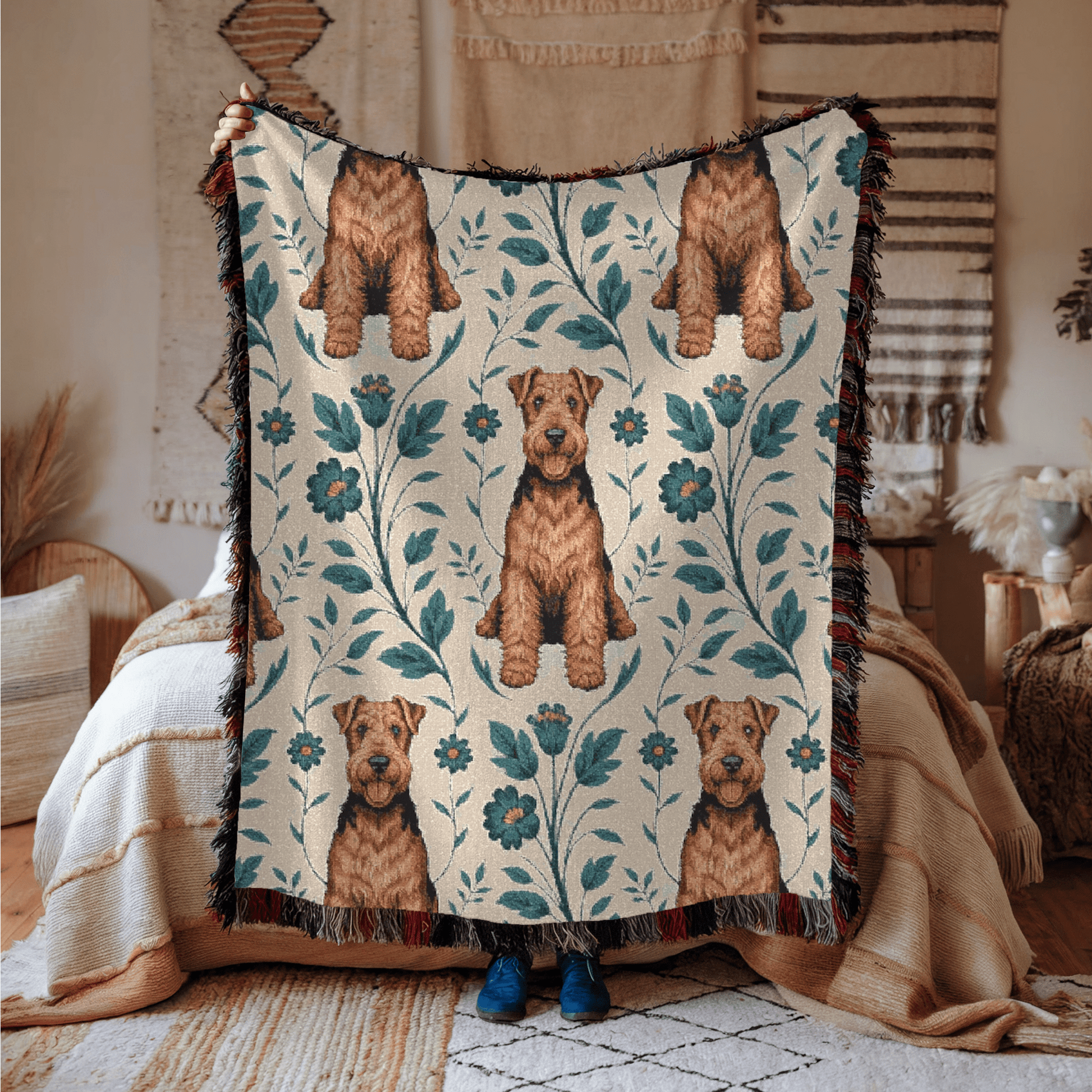 Printify Blanket Airedale Terrier Blue Floral Throw Blanket