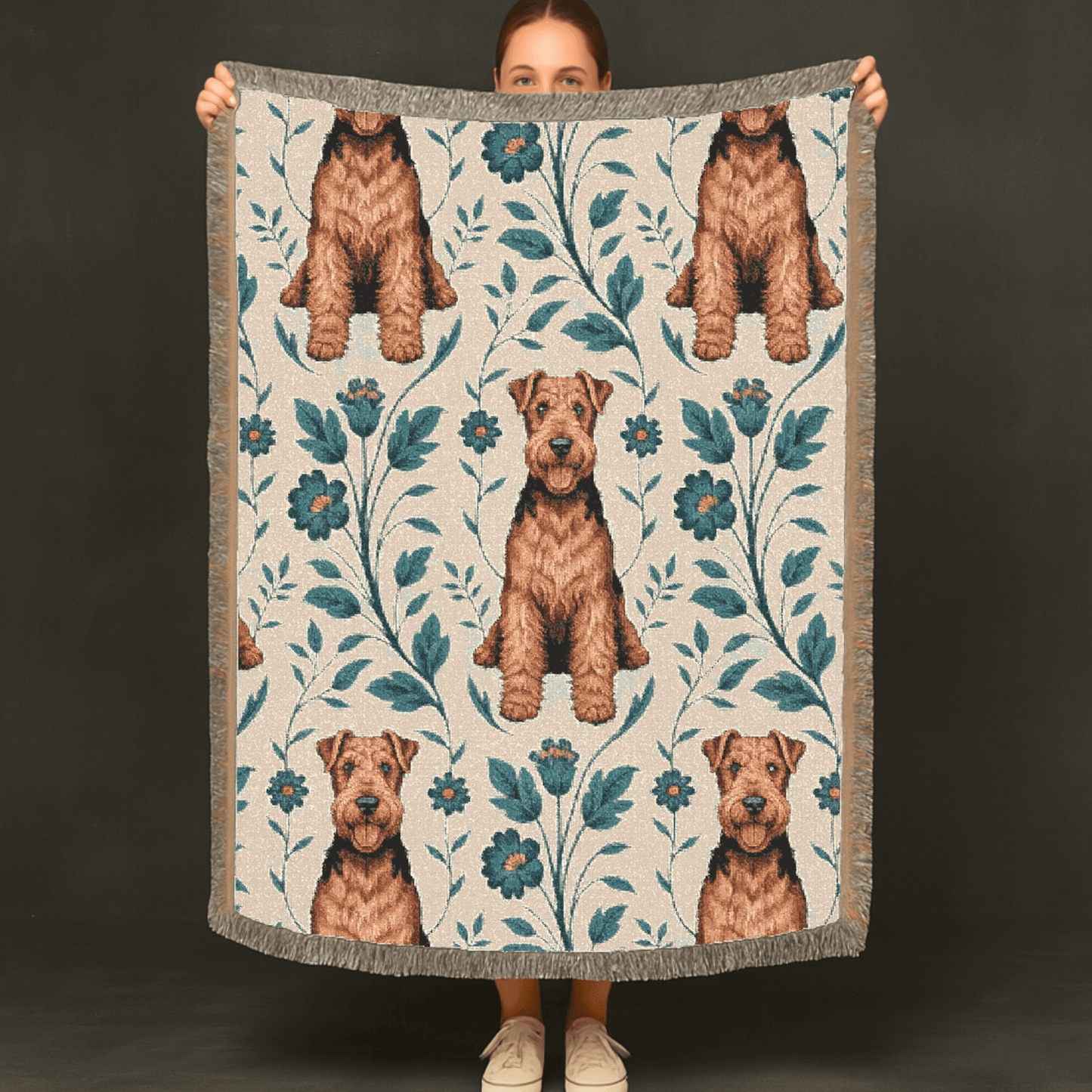 Printify Blanket Airedale Terrier Blue Floral Throw Blanket
