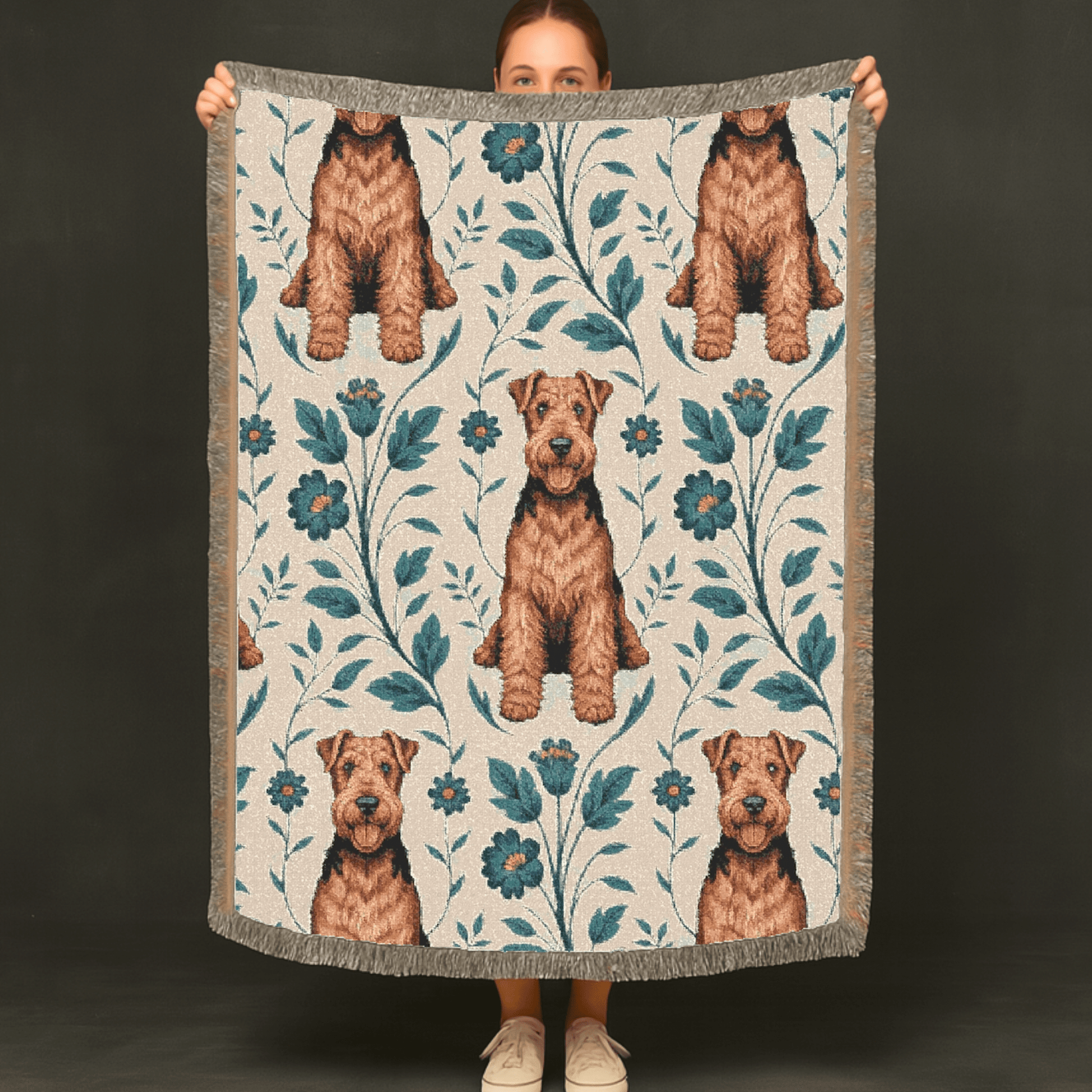 Printify Blanket Airedale Terrier Blue Floral Throw Blanket