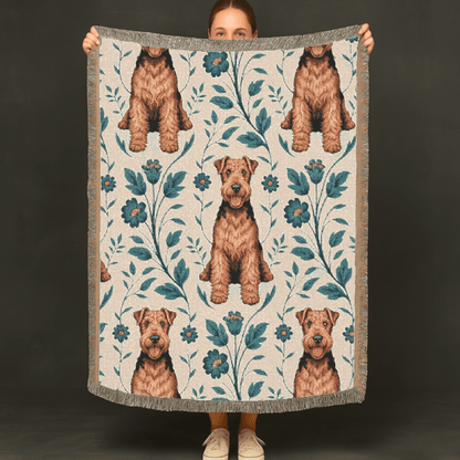 Printify Blanket Airedale Terrier Blue Floral Throw Blanket