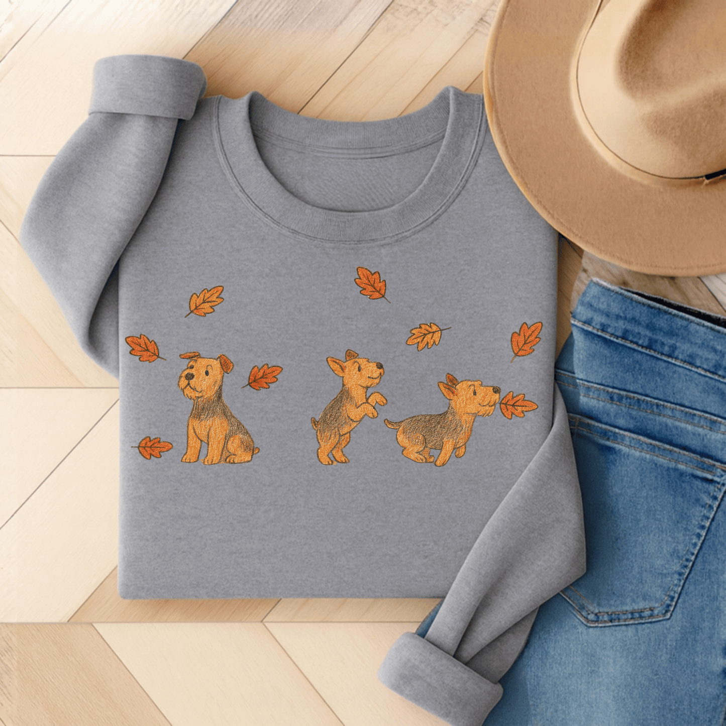 Airedale Terrier Chasing Leaves Sweatshirt Sport Grey