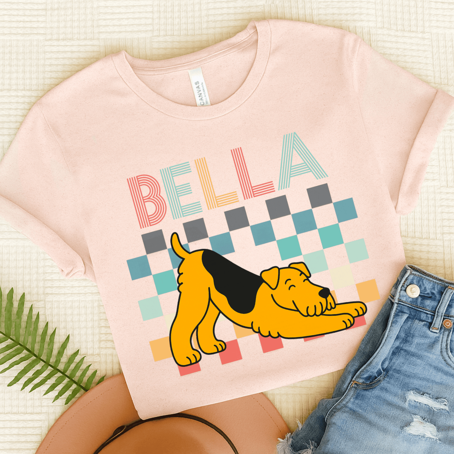 Airedale Terrier Checkered TShirt Soft Pink