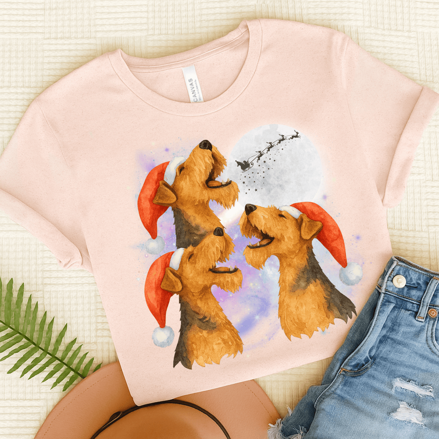 Airedale Terrier Christmas Howliday TShirt Soft Pink