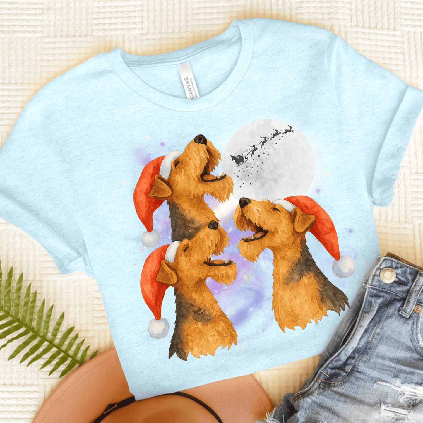 Airedale Terrier Christmas Howliday TShirt Heather Ice Blue