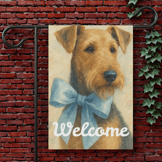 Printify Garden Flag 12'' × 18'' Airedale Terrier Coquette Blue Garden Flag