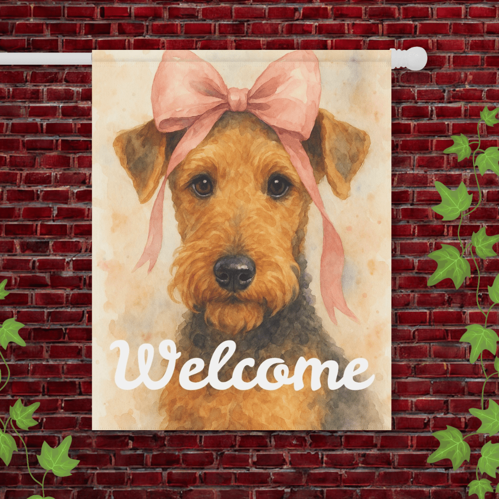 Printify Garden Flag 24.5'' × 32'' Airedale Terrier Coquette Pink Garden Flag