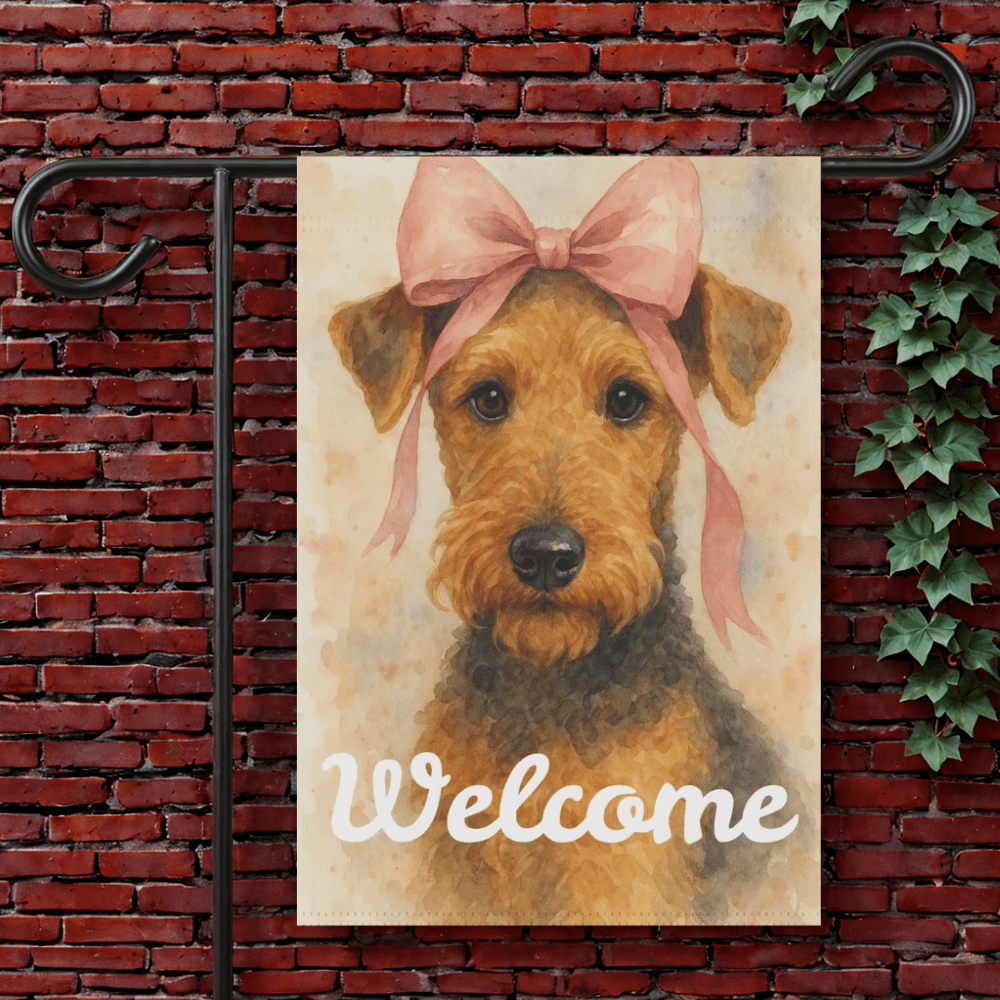 Printify Garden Flag 12'' × 18'' Airedale Terrier Coquette Pink Garden Flag