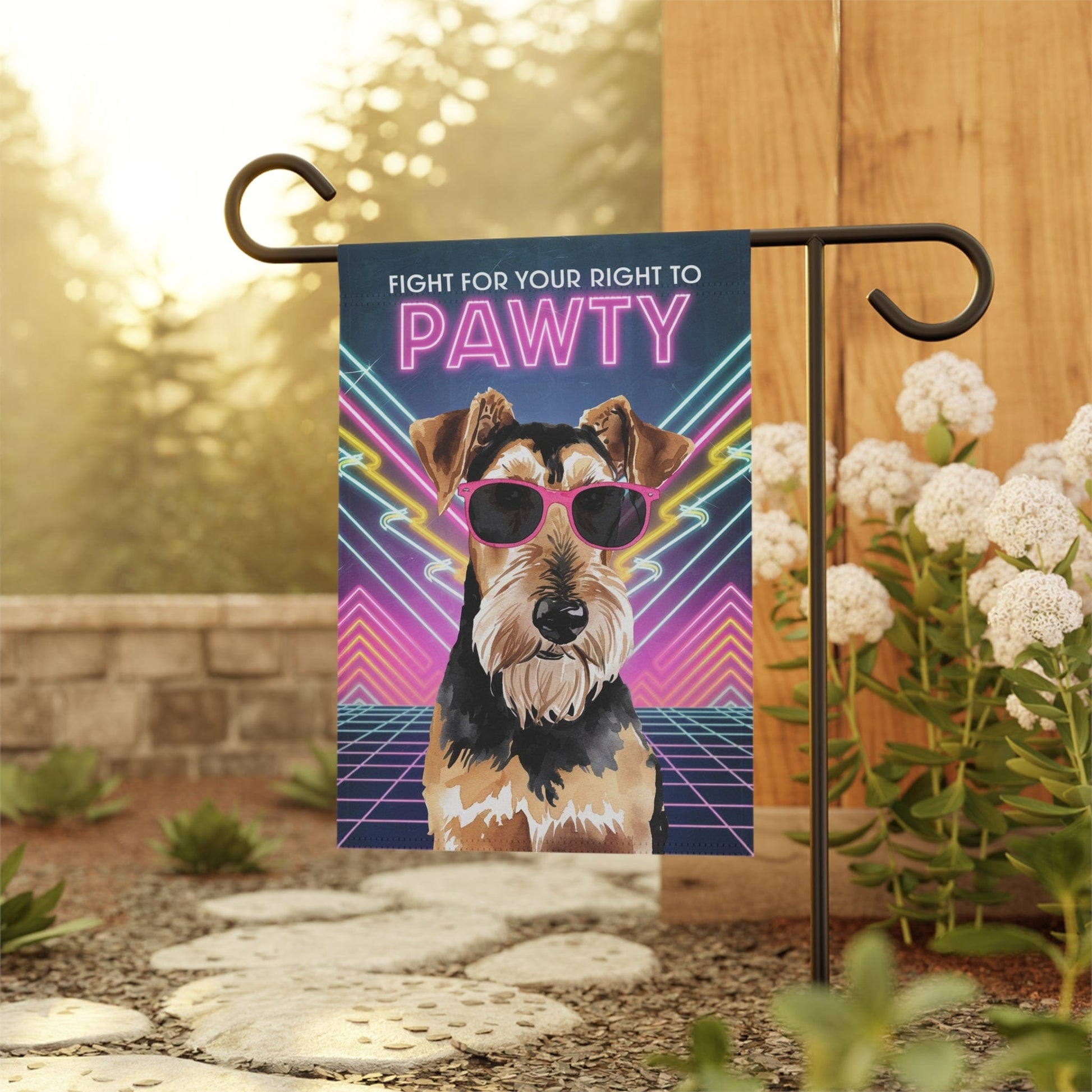 Printify Home Decor Airedale Terrier Dog, 80s Party Retro-Futuristic Garden Flag, Front Yard Spring Decor