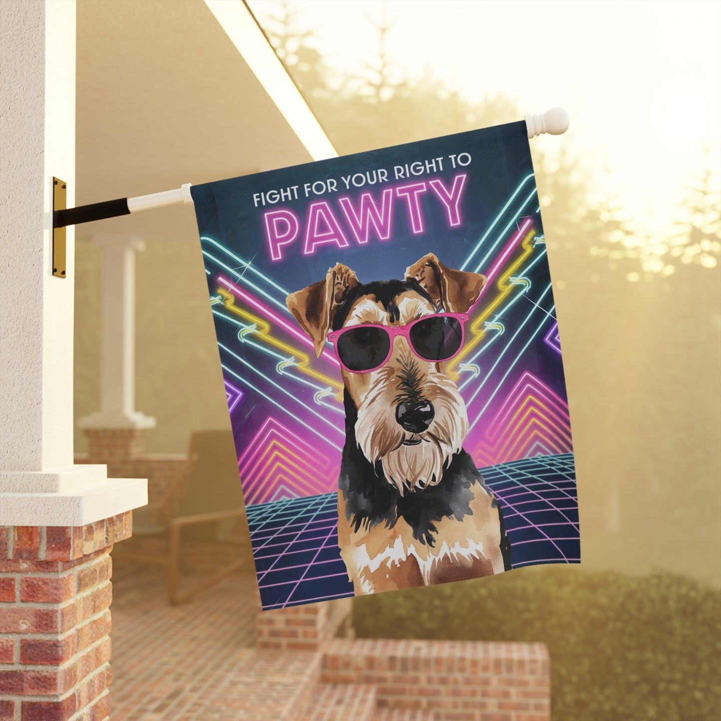 Printify Home Decor Airedale Terrier Dog, 80s Party Retro-Futuristic Garden Flag, Front Yard Spring Decor