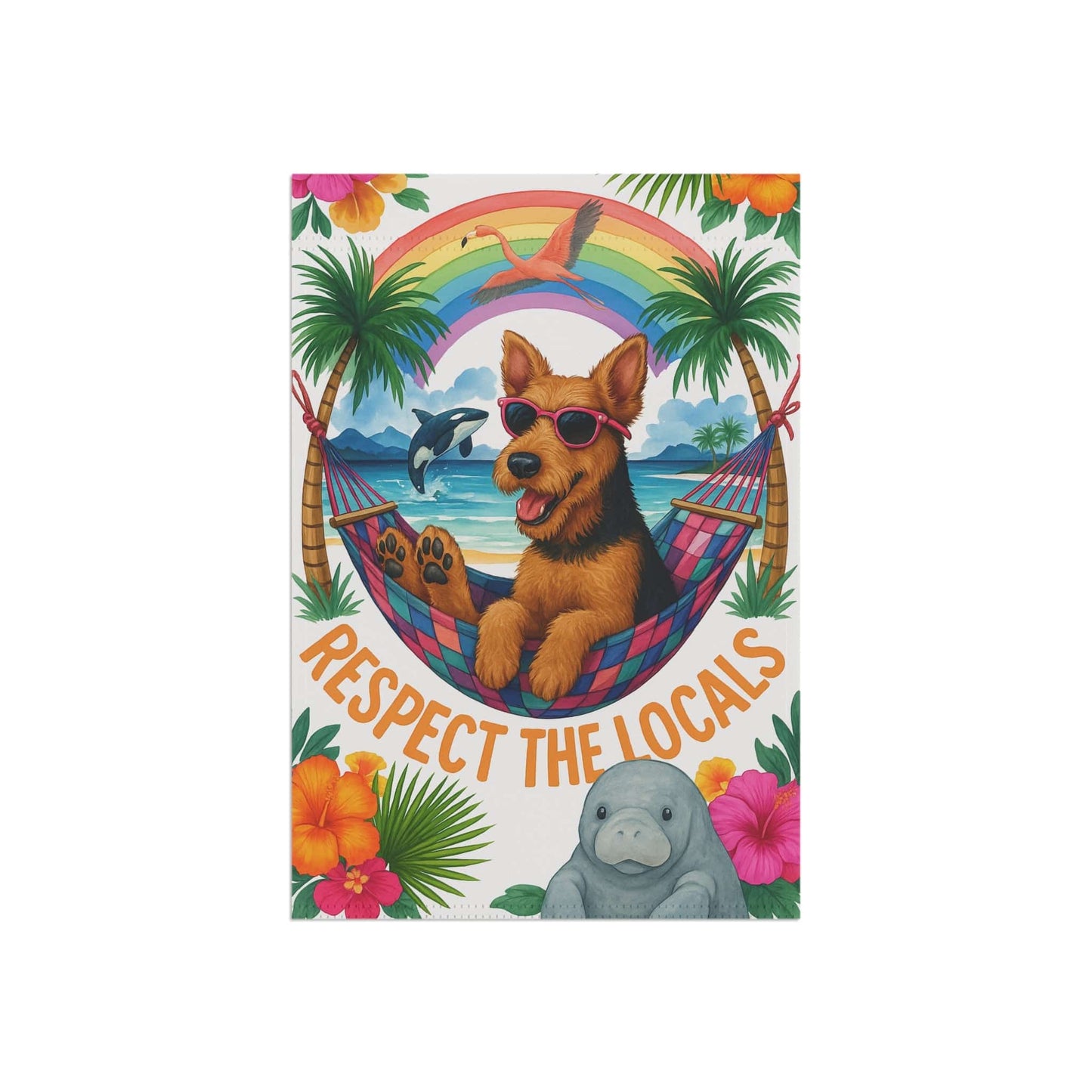 Printify Home Decor Airedale Terrier Dog Garden Flag, Respect the Locals, Tropical Rainbow Decor, House Banner, Hawaii Island Florida, Housewarming New Home