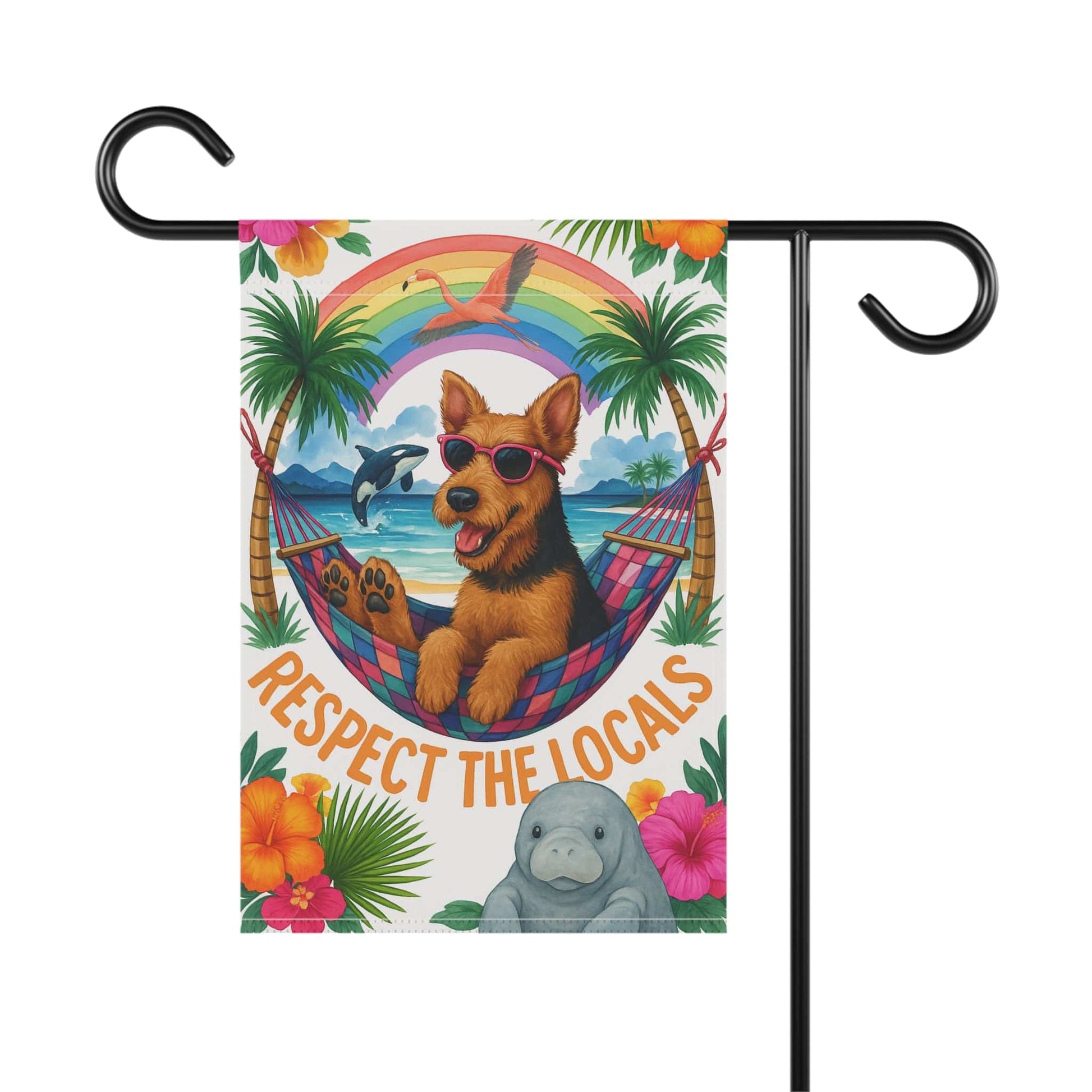Printify Home Decor Airedale Terrier Dog Garden Flag, Respect the Locals, Tropical Rainbow Decor, House Banner, Hawaii Island Florida, Housewarming New Home