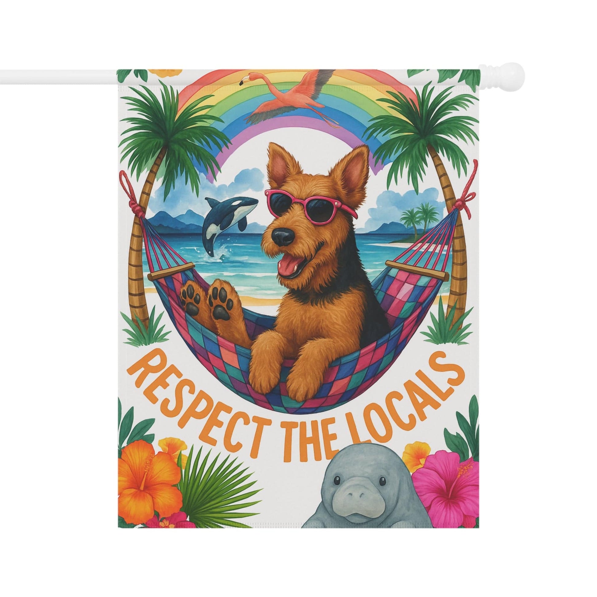 Printify Home Decor 24.5'' × 32'' Airedale Terrier Dog Garden Flag, Respect the Locals, Tropical Rainbow Decor, House Banner, Hawaii Island Florida, Housewarming New Home