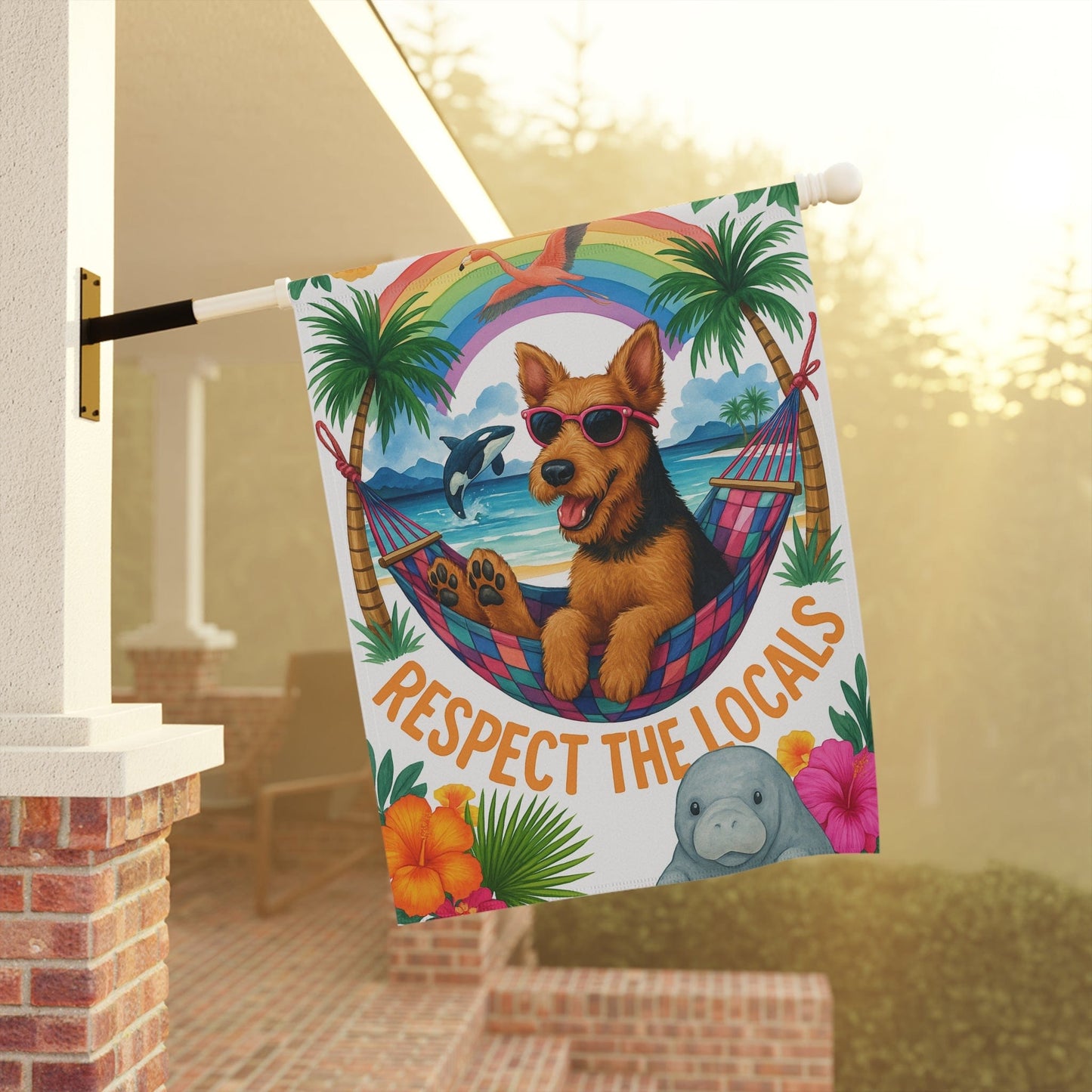 Printify Home Decor Airedale Terrier Dog Garden Flag, Respect the Locals, Tropical Rainbow Decor, House Banner, Hawaii Island Florida, Housewarming New Home
