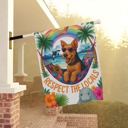 Printify Home Decor Airedale Terrier Dog Garden Flag, Respect the Locals, Tropical Rainbow Decor, House Banner, Hawaii Island Florida, Housewarming New Home