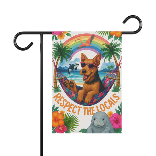 Printify Home Decor 12'' × 18'' Airedale Terrier Dog Garden Flag, Respect the Locals, Tropical Rainbow Decor, House Banner, Hawaii Island Florida, Housewarming New Home