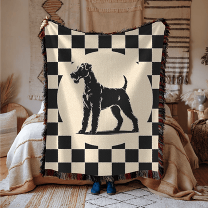 Printify Home Decor Airedale Terrier Dog Throw Blanket Housewarming, Black and Whaite Checkered Home