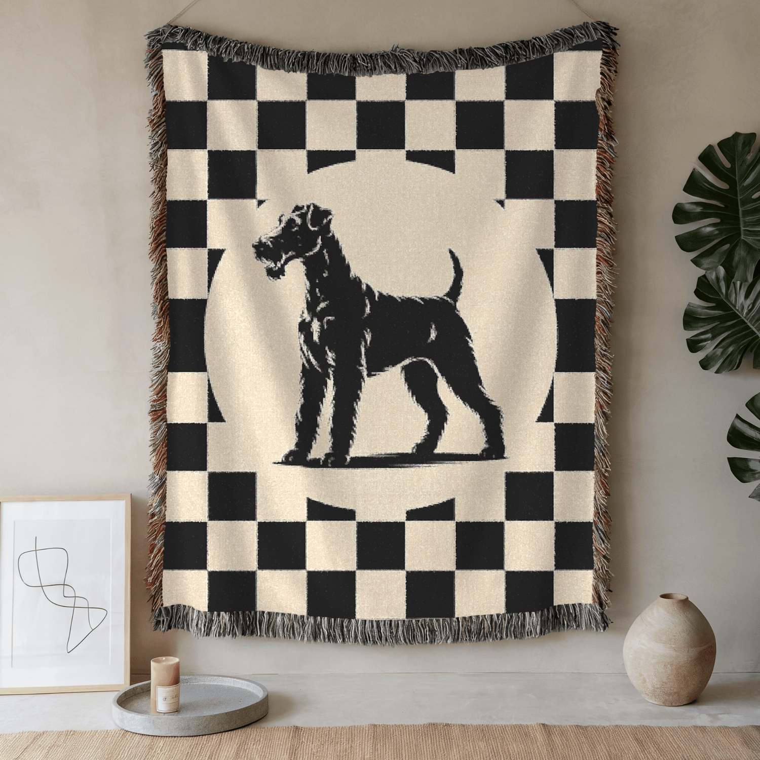 Printify Home Decor Airedale Terrier Dog Throw Blanket Housewarming, Black and Whaite Checkered Home