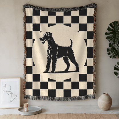 Printify Home Decor Airedale Terrier Dog Throw Blanket Housewarming, Black and Whaite Checkered Home