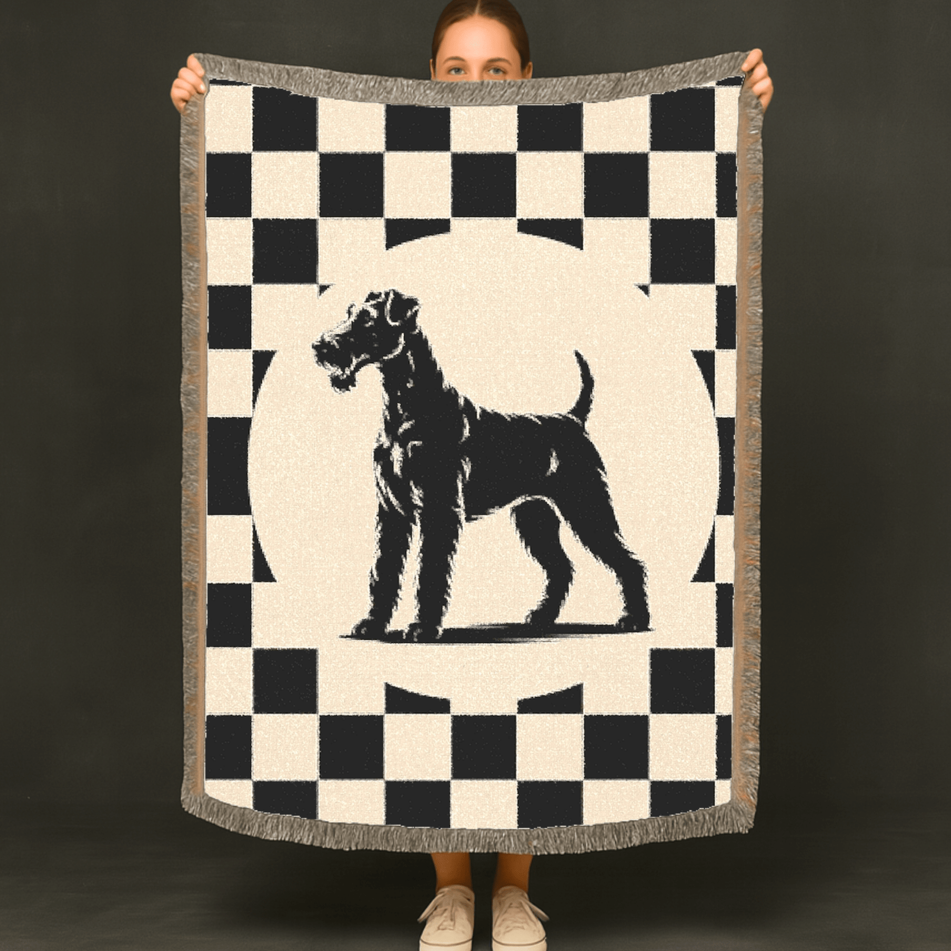 Printify Home Decor Airedale Terrier Dog Throw Blanket Housewarming, Black and Whaite Checkered Home
