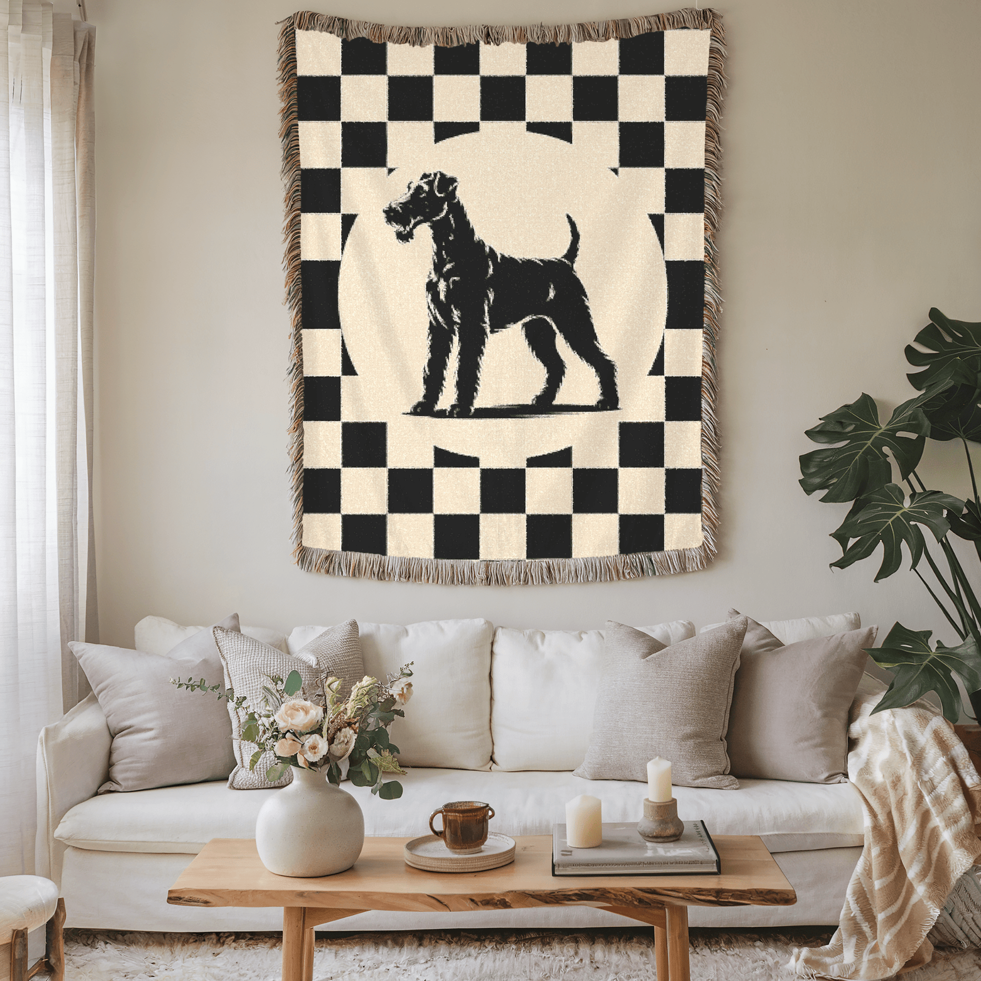 Printify Home Decor Airedale Terrier Dog Throw Blanket Housewarming, Black and Whaite Checkered Home