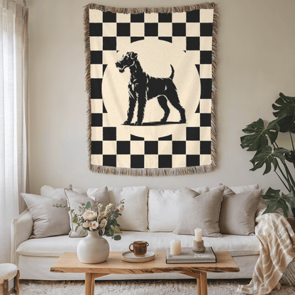 Printify Home Decor Airedale Terrier Dog Throw Blanket Housewarming, Black and Whaite Checkered Home