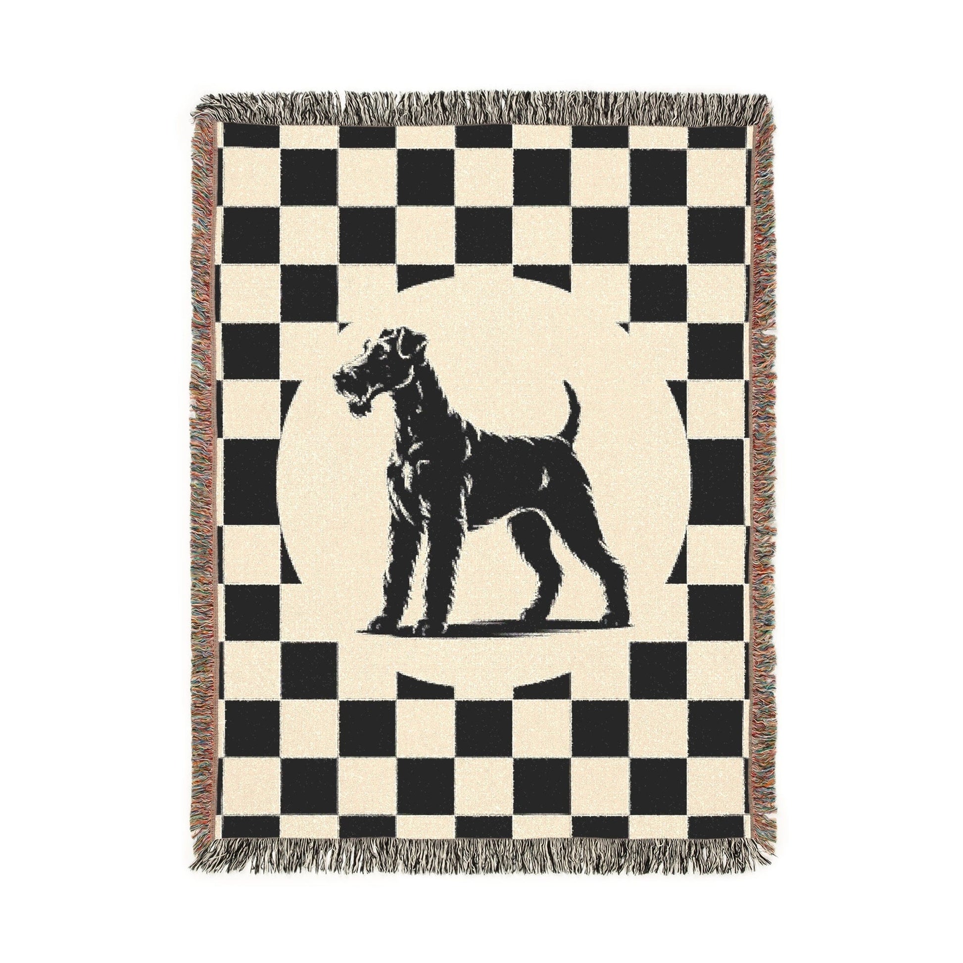 Printify Home Decor Airedale Terrier Dog Throw Blanket Housewarming, Black and Whaite Checkered Home