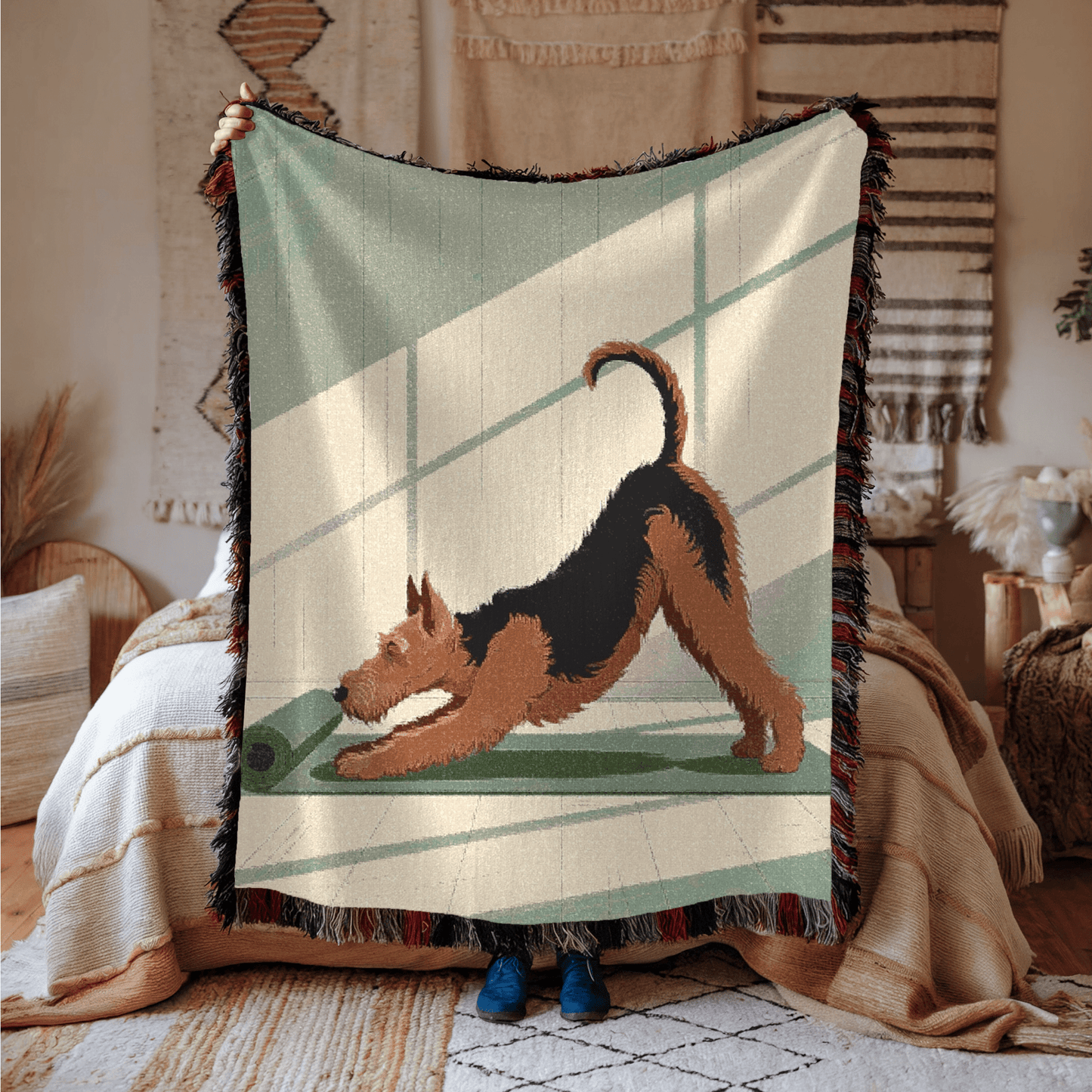 Printify Blanket Airedale Terrier Downward Dog Yoga Throw Blanket