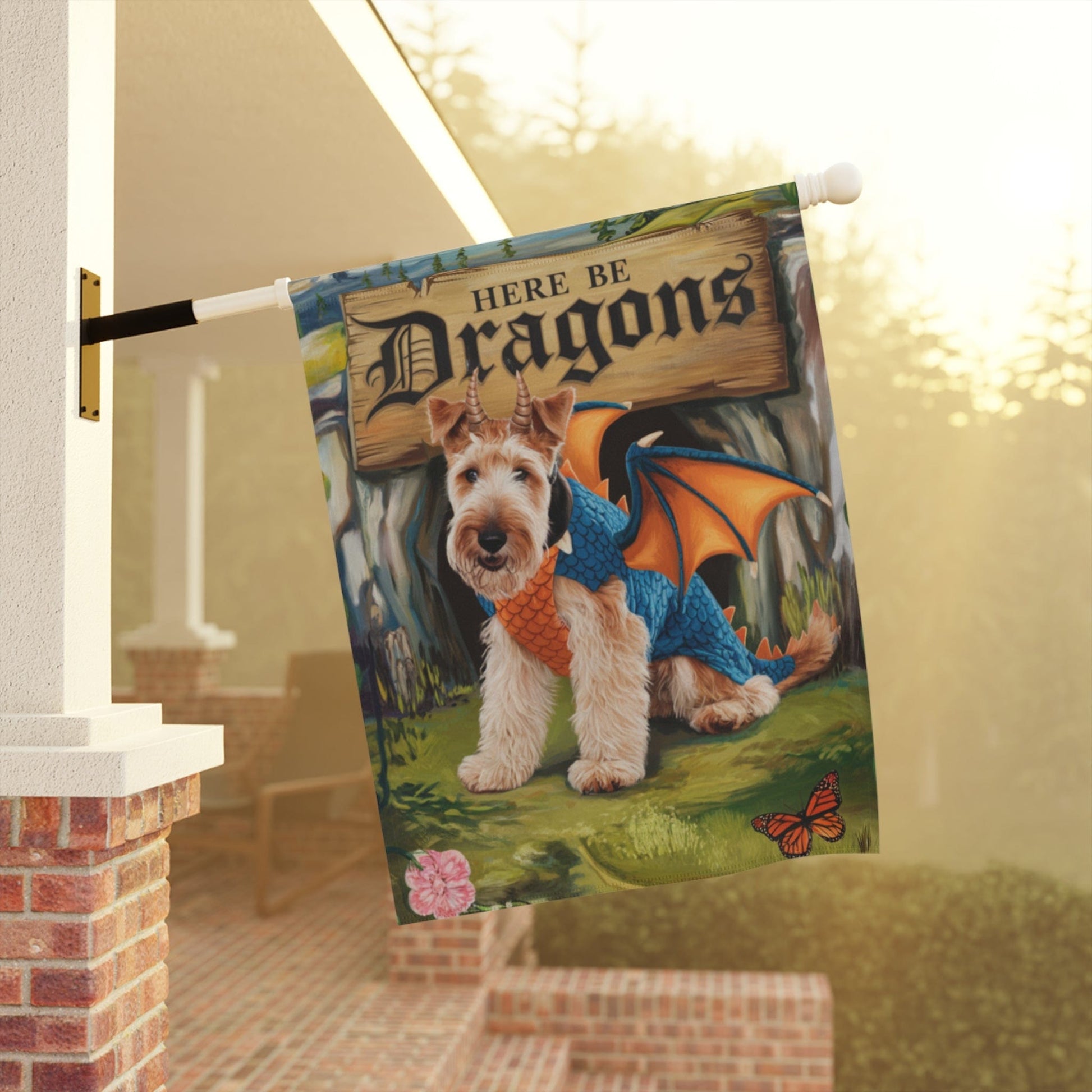 Printify Home Decor Airedale Terrier Dragon Dog Costume Garden Flag, Medieval Landscape, Front Yard Spring Decor, Housewarming Gardener Gift, Dog Mom Dad