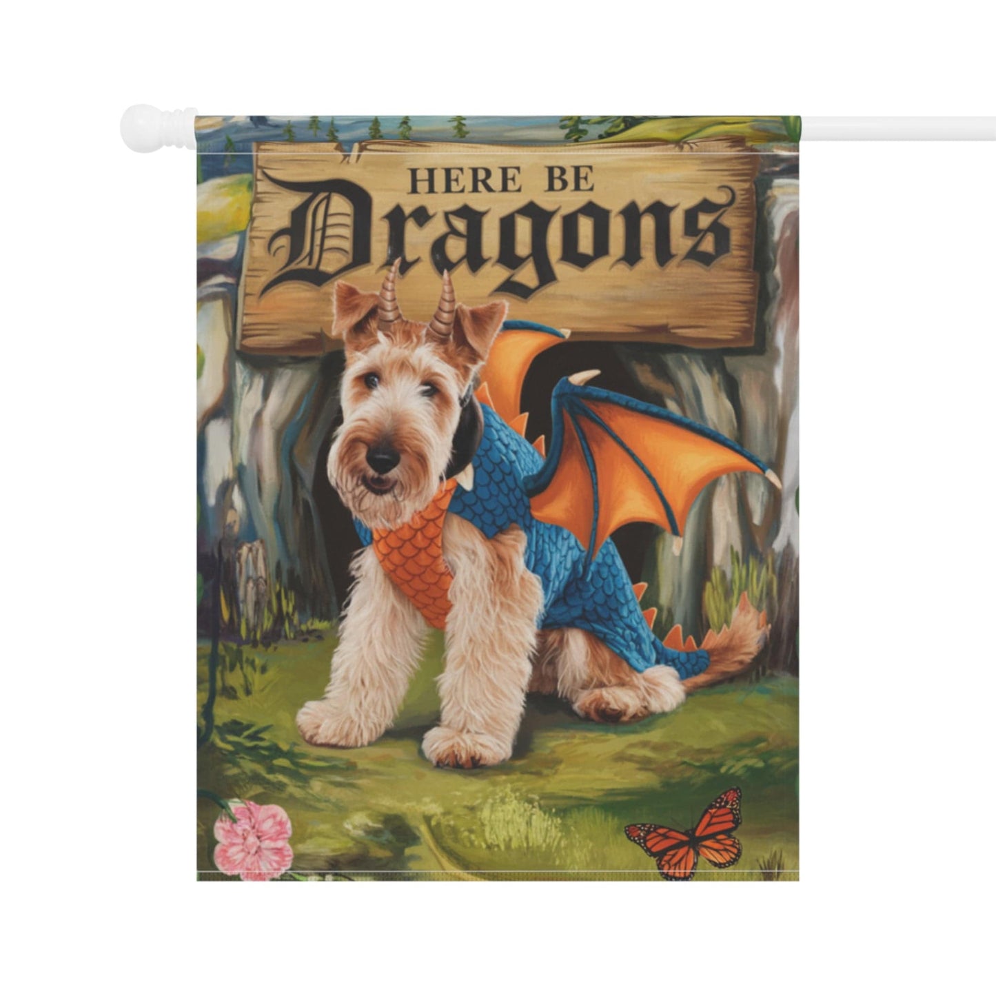 Printify Home Decor Airedale Terrier Dragon Dog Costume Garden Flag, Medieval Landscape, Front Yard Spring Decor, Housewarming Gardener Gift, Dog Mom Dad