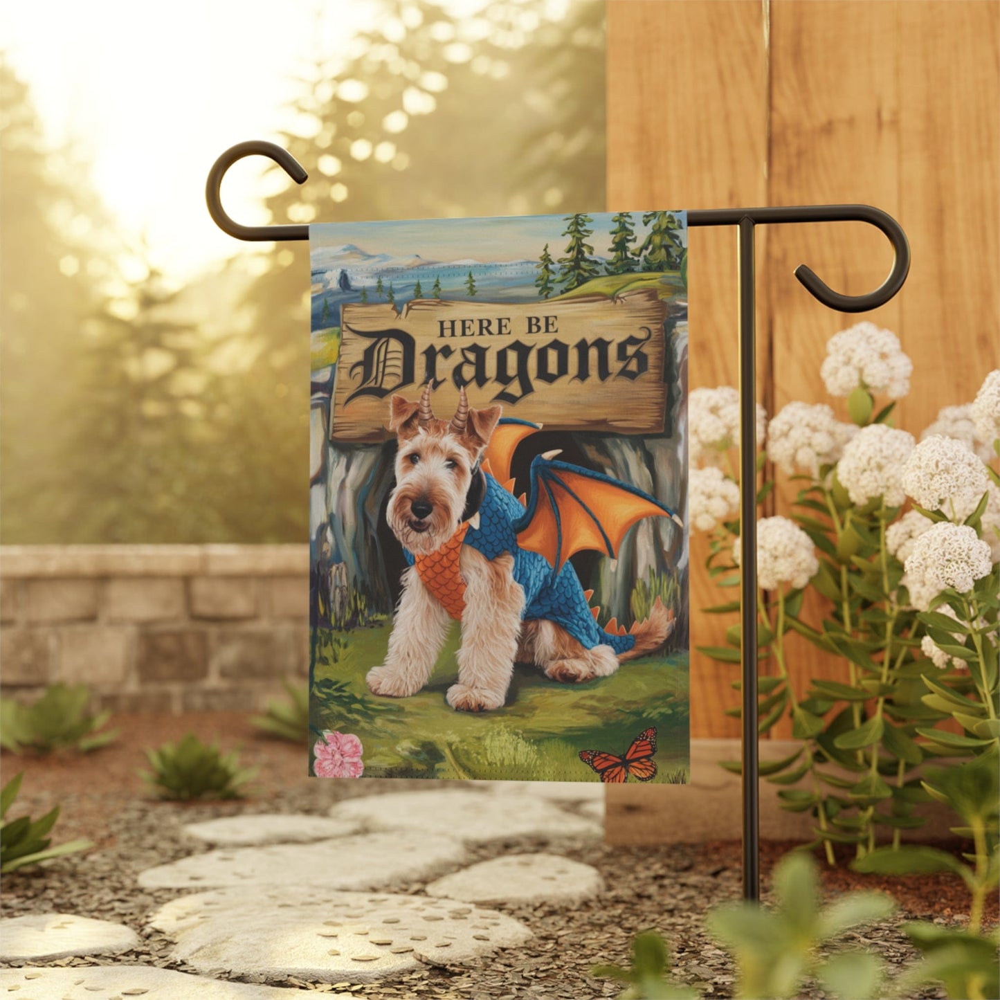 Printify Home Decor Airedale Terrier Dragon Dog Costume Garden Flag, Medieval Landscape, Front Yard Spring Decor, Housewarming Gardener Gift, Dog Mom Dad