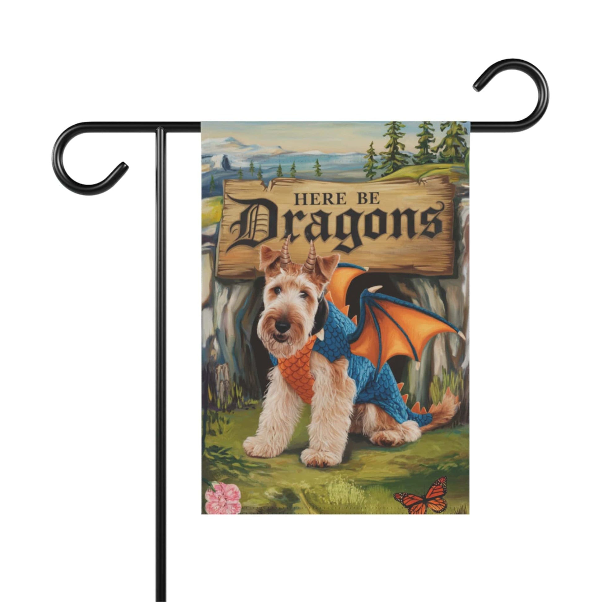 Printify Home Decor 12'' × 18'' Airedale Terrier Dragon Dog Costume Garden Flag, Medieval Landscape, Front Yard Spring Decor, Housewarming Gardener Gift, Dog Mom Dad