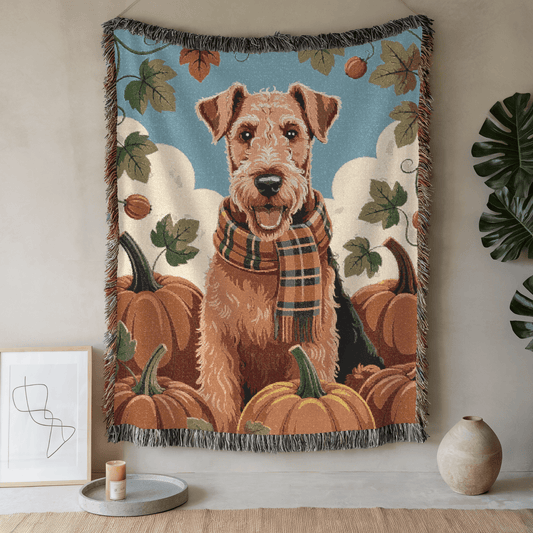 Printify Blanket 52'' × 37'' Airedale Terrier Fall Pumpkin Patch Woven Blanket