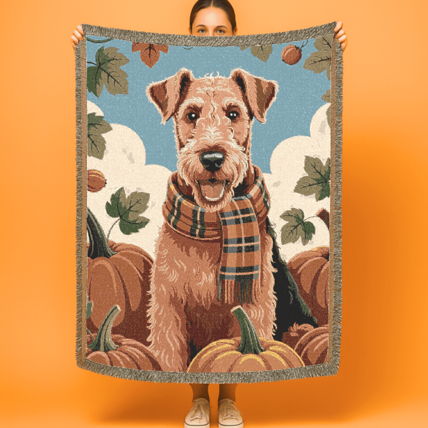 Printify Blanket Airedale Terrier Fall Pumpkin Patch Woven Blanket