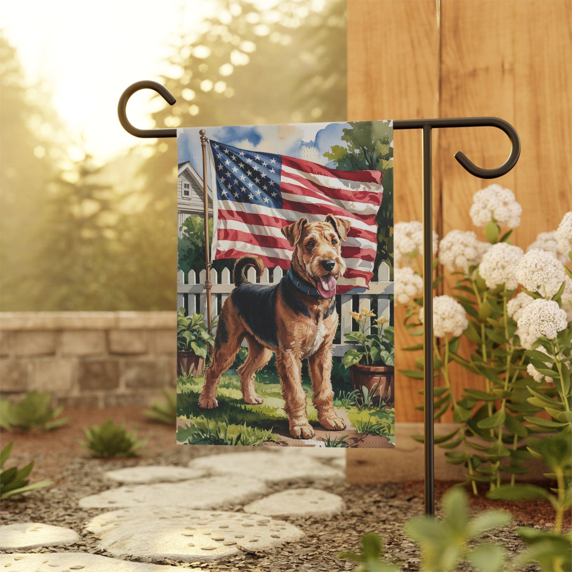 Printify Home Decor Airedale Terrier Garden Flag, 4th of July, US Flag Yard Outside Decor, Patriotic Housewarming, Gardener Dog Mom Dad, Summer Lawn Art