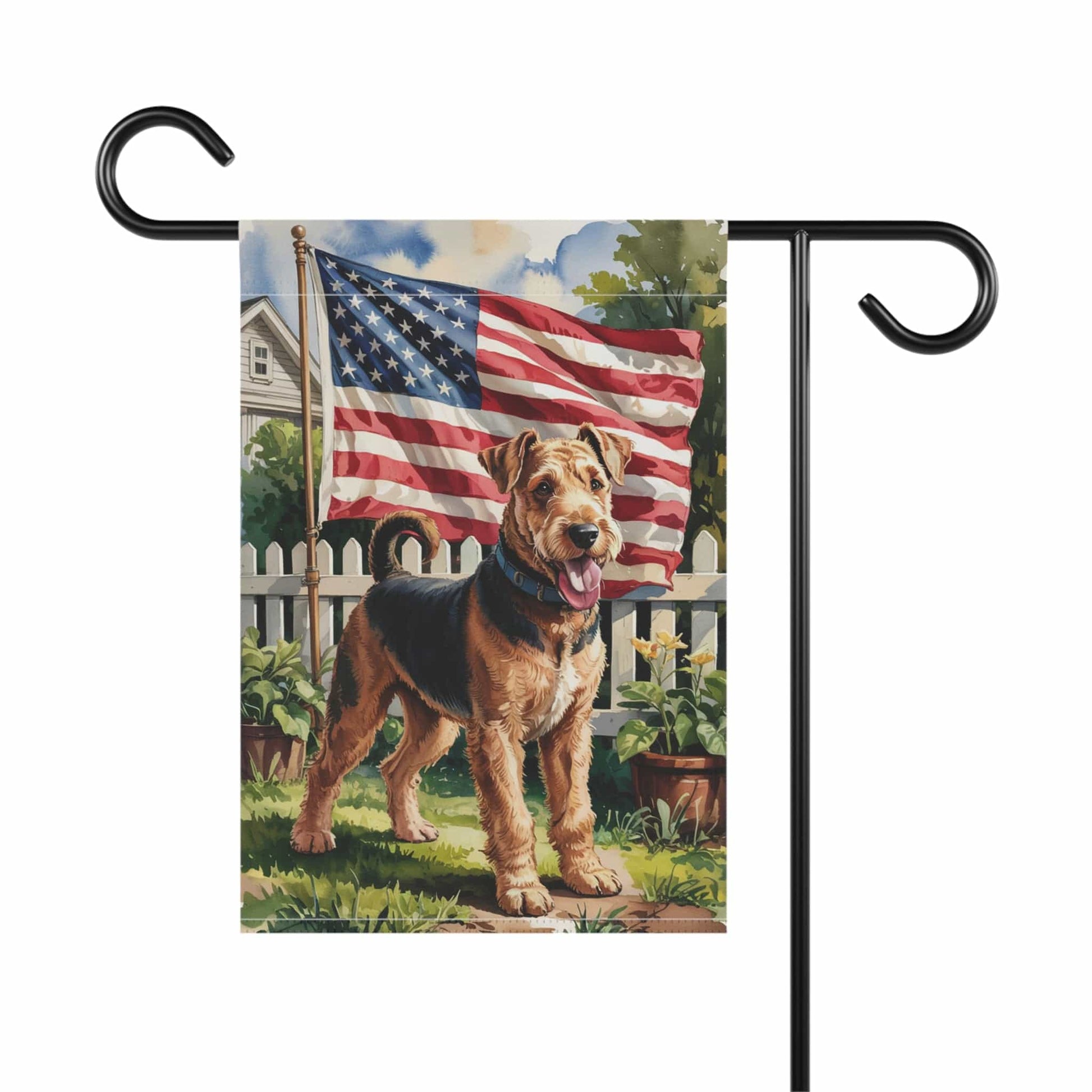 Printify Home Decor Airedale Terrier Garden Flag, 4th of July, US Flag Yard Outside Decor, Patriotic Housewarming, Gardener Dog Mom Dad, Summer Lawn Art