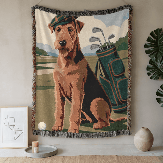 Printify Blanket 52'' × 37'' Airedale Terrier Golfing Woven Blanket