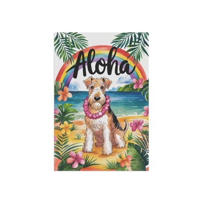 Printify Home Decor Airedale Terrier Hawaii Garden Flag, Aloha Luau Party Decor, Tropical Hawaiian Beach, Housewarming Gardener Gift