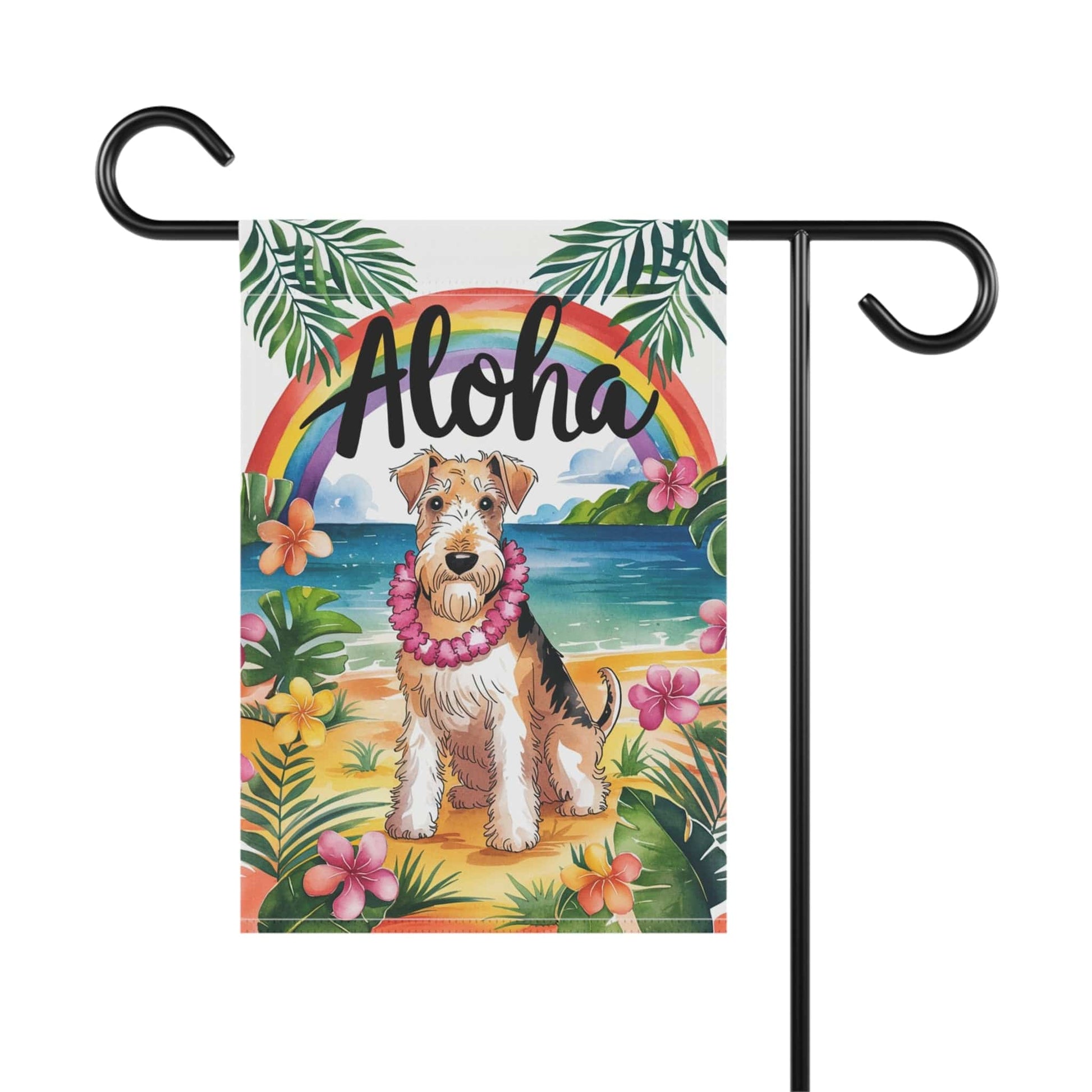Printify Home Decor Airedale Terrier Hawaii Garden Flag, Aloha Luau Party Decor, Tropical Hawaiian Beach, Housewarming Gardener Gift
