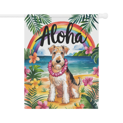 Printify Home Decor 24.5'' × 32'' / Airedale Terrier Airedale Terrier Hawaii Garden Flag, Aloha Luau Party Decor, Tropical Hawaiian Beach, Housewarming Gardener Gift