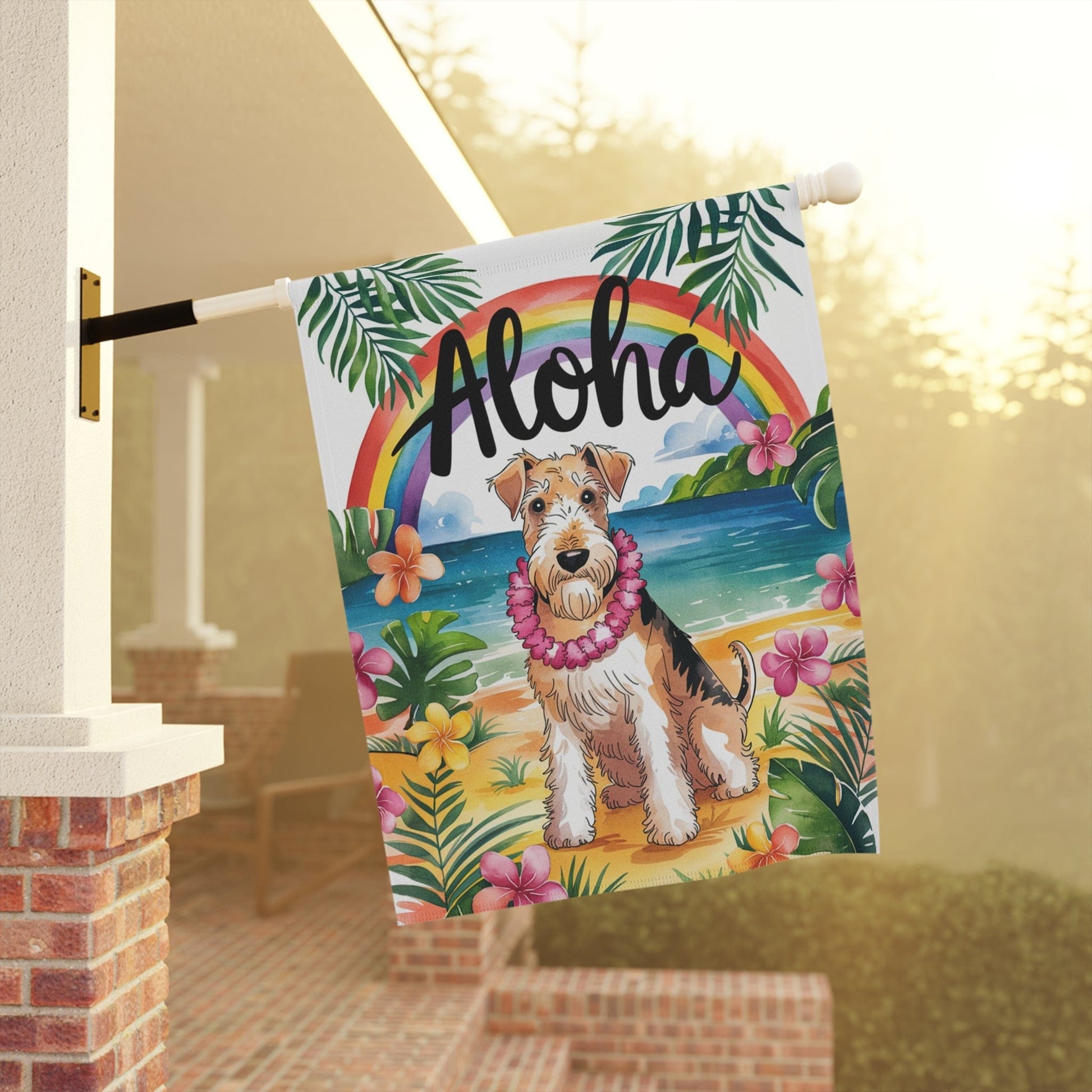Printify Home Decor Airedale Terrier Hawaii Garden Flag, Aloha Luau Party Decor, Tropical Hawaiian Beach, Housewarming Gardener Gift